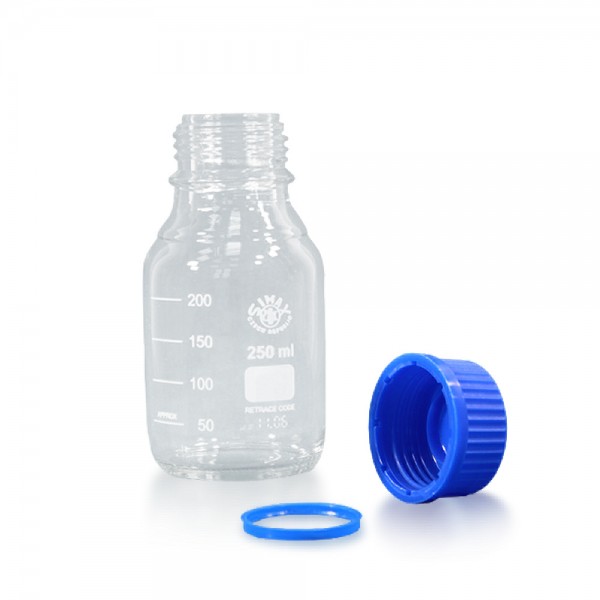 250 ml Laborflasche Glas + blauer Kappe + Ring